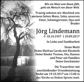 Traueranzeigen von Jörg Lindemann trauer anzeigen de