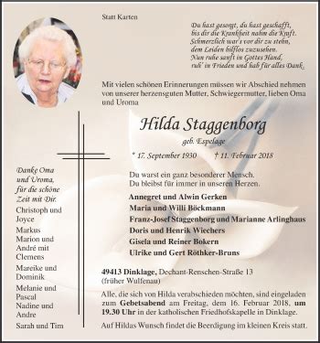 Traueranzeigen Von Hilda Staggenborg Om Trauer De