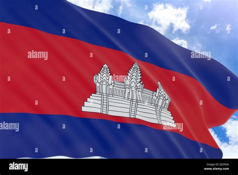 3d Rendering Of Cambodia Flag Waving On Blue Sky Background Cambodia