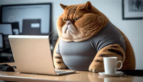 A Fat Cat Is Sitting At The Office Table In Front Of A Computer Sedentary Lifestyle Concept