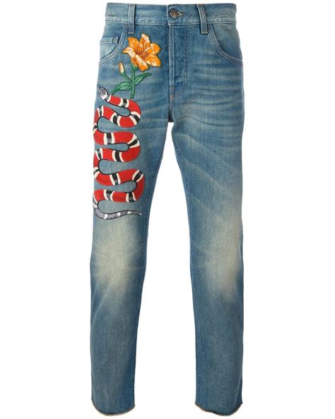 Gucci Snake Embroidered Slim Fit Jeans In Blue For Men Lyst