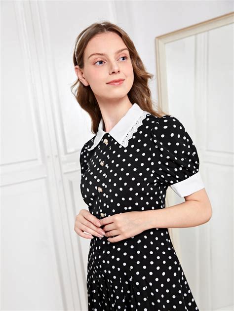 Shein Teen Girls Polka Dot Contrast Collar Puff Sleeve Dress Shein Usa