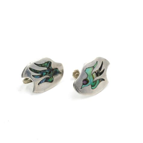 Vintage Taxco Sterling Abalone Inlay Bird Earrings Gem