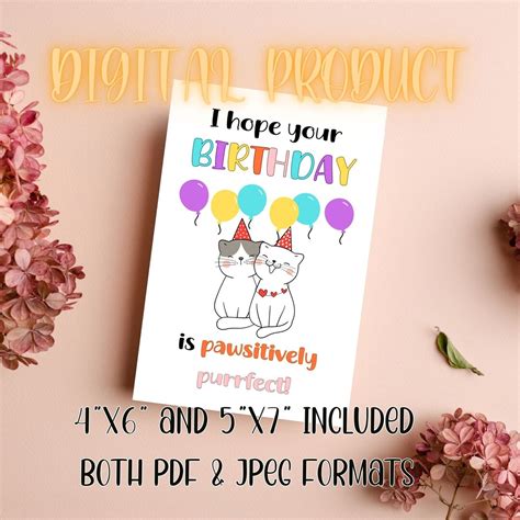 Cute Cat Printable Birthday Card, Partying Cats Birthday Card, Adorable Printable Birthday Card ...