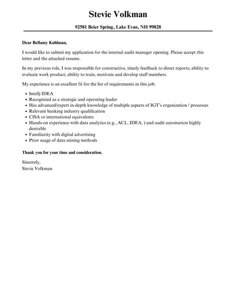 Internal Audit Manager Cover Letter Velvet Jobs