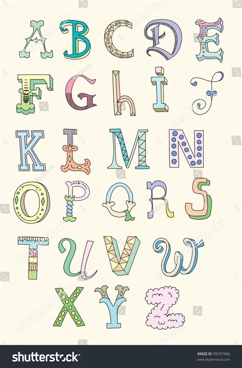 Doodle Hand Drawn Alphabet Pastel Tints Stock Vector