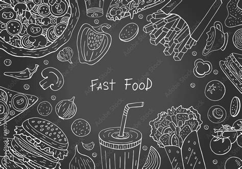 Vintage Outline Horizontal Black Background With Fast Food Elements