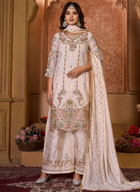 Shop Beige Faux Georgette Embroidered Pakistani Suit Party Wear Online