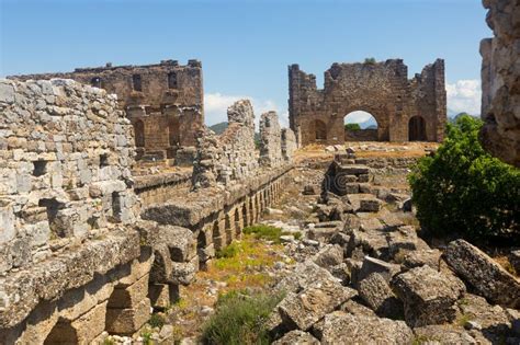 Ruins Of Nymphaeum And Bazilika Of Ancient City Aspendos Turkey Stock