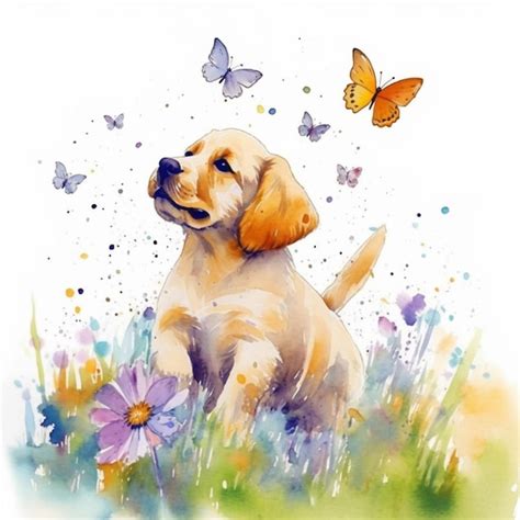 Premium AI Image | Painting of a puppy in a field of flowers with butterflies generative ai