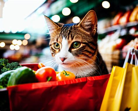 A Cat In A Supermarket Surrounded By Vegetables Stock Photo Image Of