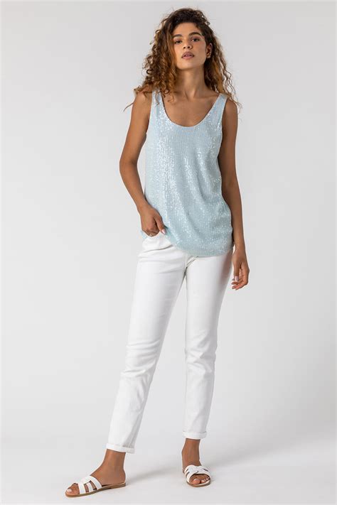 Scoop Neck Sequin Cami Top In Light Blue Roman Originals Uk