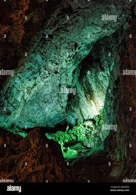 Illuminated Walls Coloured Green By Algae In Limestone Cave Smoo Cave