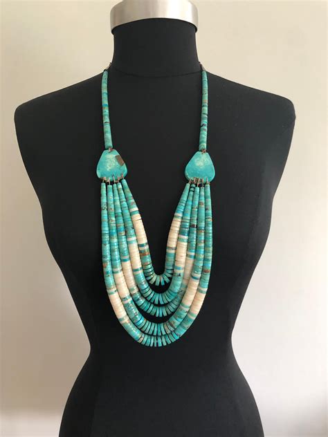 Turquoise 5 Strand Heishi Sterling Silver Clam Shell Necklace Native American For Sale At