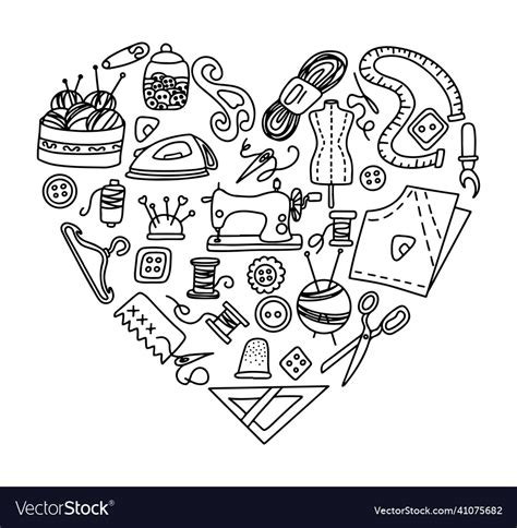 Doodle Sewing Set With Heart And Love Royalty Free Vector