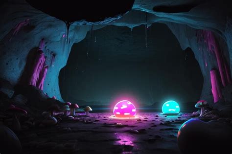 Premium Ai Image A Glowing Orbs In A Dark Cave With A Blue And Pink