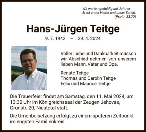 Traueranzeigen Von Hans J Rgen Teitge Trauer Hna De