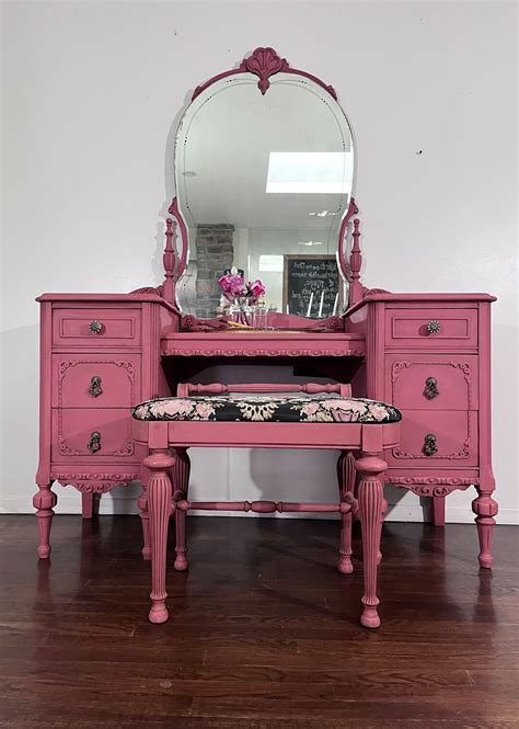 Antique Makeup Vanity Pink Makeup Vanity And Bench Set Etsy