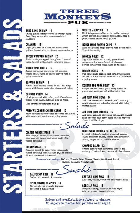 Menu at Three Monkeys Pub, Crown Point, 21 Adams St