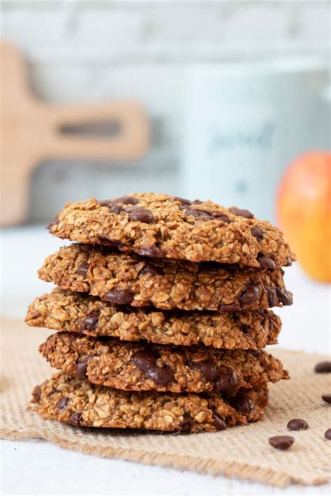 Chocolate Chip Oatmeal Cookies Stacked On Top Of Each Other With An