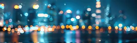 Defocused City Lights Reflecting On Water At Night Premium Ai