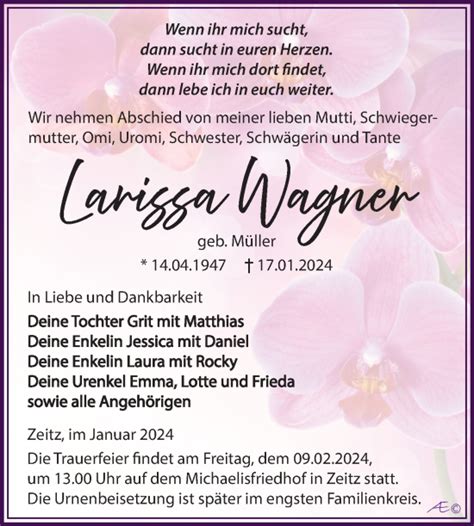 Traueranzeigen Von Larissa Wagner Abschied Nehmen De