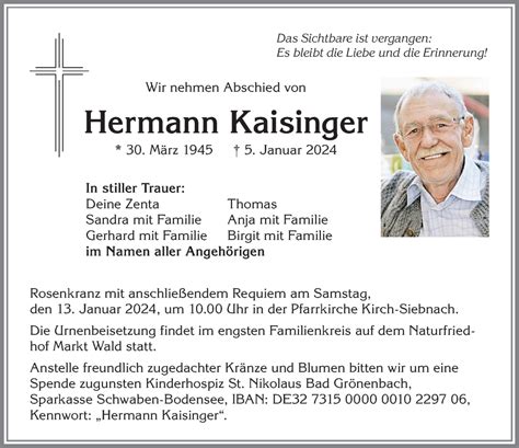 Traueranzeigen Von Hermann Kaisinger Augsburger Allgemeine Zeitung