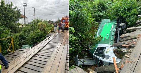 FOTOS Caminhão quebra ponte cai de altura de 4 metros e deixa três