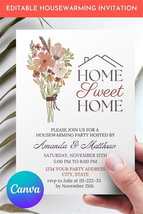 Housewarming Party Invitation Floral Home Sweet Home House Etsy In