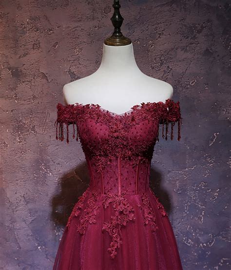 Burgundy Lace Tulle Long Prom Dress Off Shoulder Evening Dress