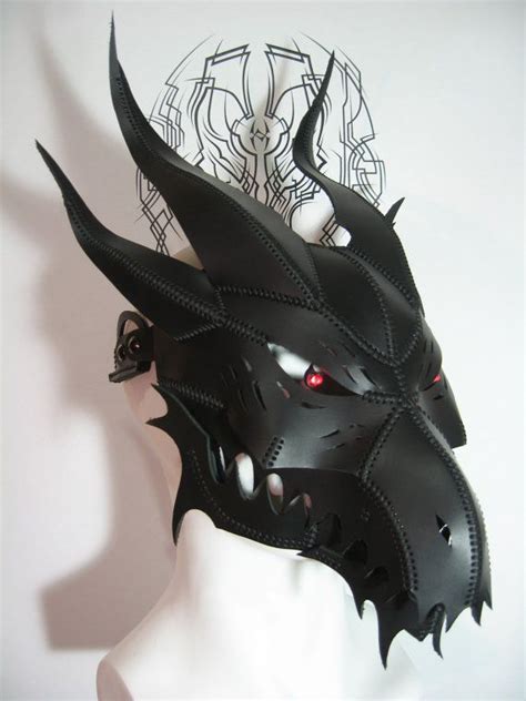 Handmade Black Leather Dragon Mask V3 With Moving Jaw And Glowing Eyes