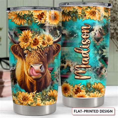 Personalized Cow Tumbler Western Cowhide Sunflower Sandjest