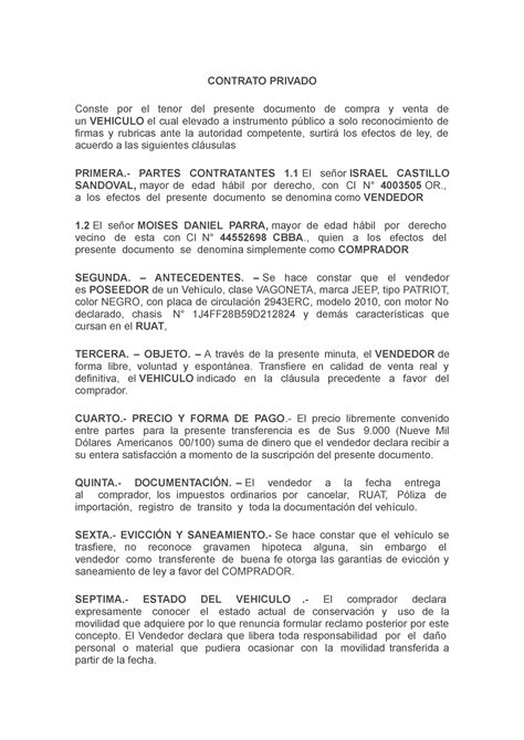 Contrato Privado DE Vehiculo CONTRATO PRIVADO Conste Por El Tenor Del