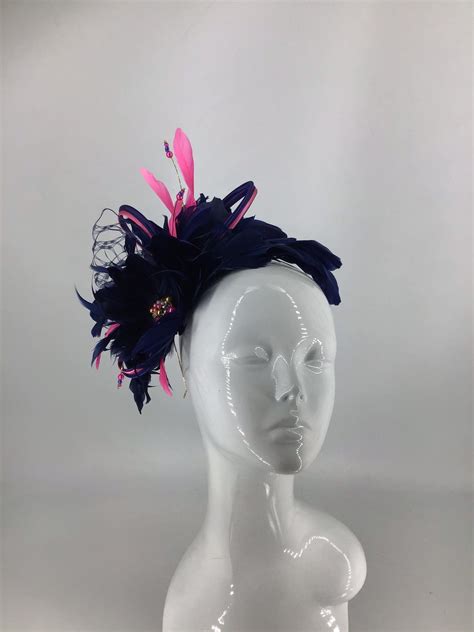 Navy Hot Pink Birdcage Veiling Feather Fascinator Mother Of The