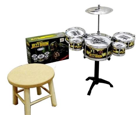 Mini Bateria Infantil Jazz Drum Duas Baquetas Tambores E Banquinho