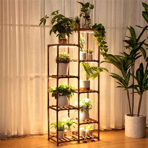 Dreyoo Plant Stand With Grow Lights Wood Plant Shelf With Full