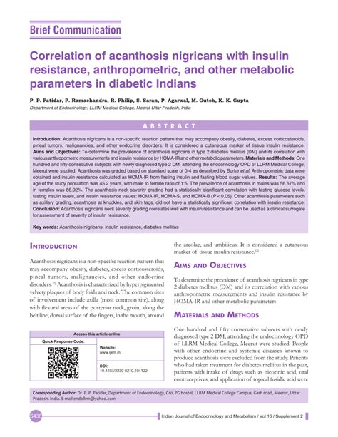 Pdf Correlation Of Acanthosis Nigricans With Insulin Resistance Anthropometric And Other