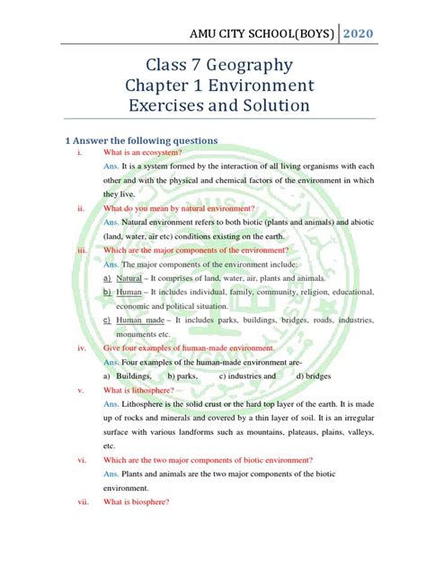 Class 7 Geography Chapter 1 Environment Exercises And Solution Pdf Natural Environment Earth