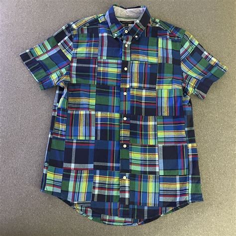 Tommy Hilfiger Mens Shirt L Madras Patchwork Blue Green Short Sleeve