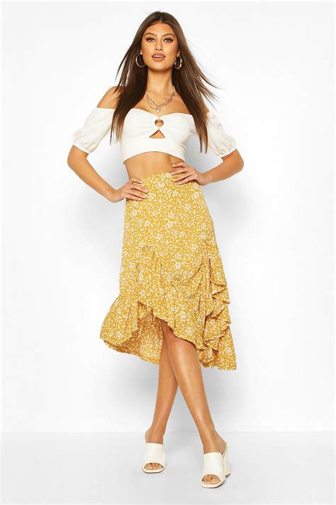 Ditsy Floral Asymmetric Hem Midi Skirt Skirt Design Midi Skirt