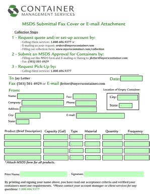 Fillable Online Msds Submittal Bfax Coverb Or E Mail Attachment Myers