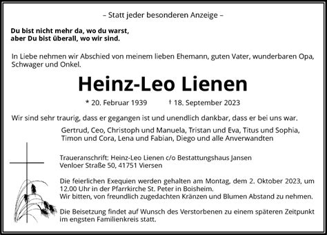 Alle Traueranzeigen für Heinz Leo Lienen trauer rp online de