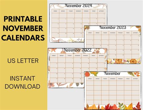 Printable November Calendars Etsy