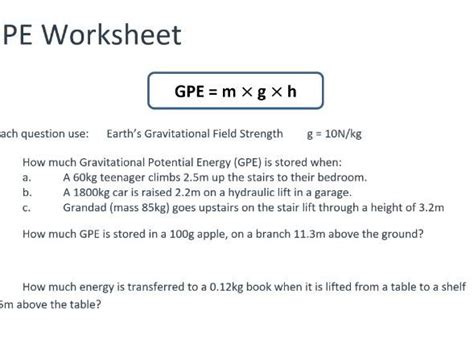 Gcse Energy Gravitational Potential Energy Worksheet Teaching Resources