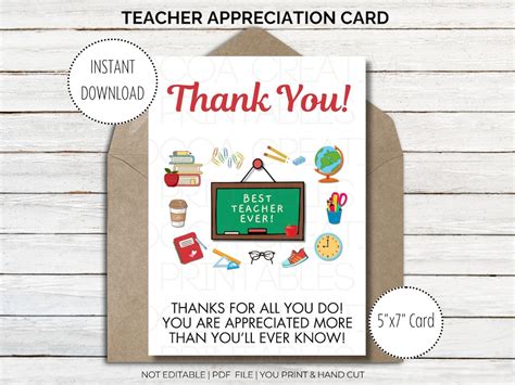 Teacher Appreciation Thank You Card Teacher Thank You Card Printable ...