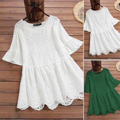 Zanzea Women Solid Short Sleeve 2021 Summer Lace Blouse Vintage Cotton