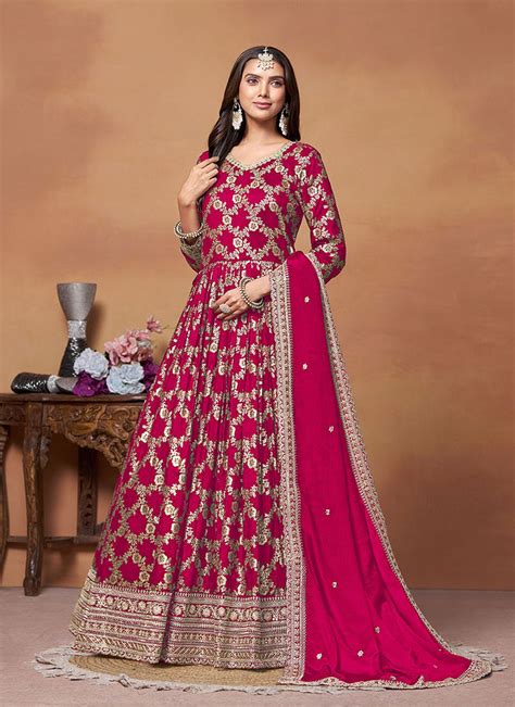 Buy Pink Dola Jacquard Abaya Style Anarkali Suit With Sequins And