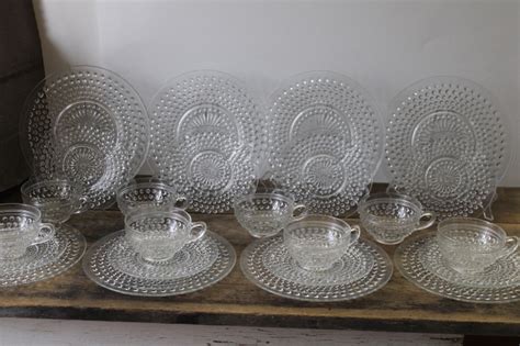 1950s Vintage Anchor Hocking Hobnail Pattern Glass Tea Or Luncheon Set For 8