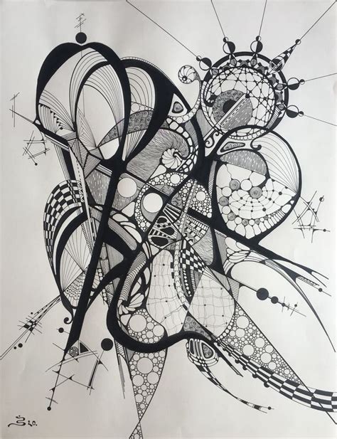 An Abstract Drawing With Black And White Lines Circles And Dots On It