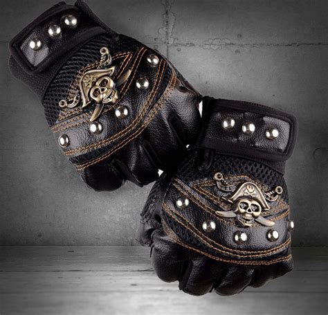 Men S Punk Rocker Skull Studded Fingerless Driving Genuine Leather